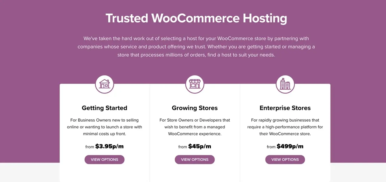 Página de alojamiento de WooCommerce, con recomendaciones para tiendas de todos los niveles