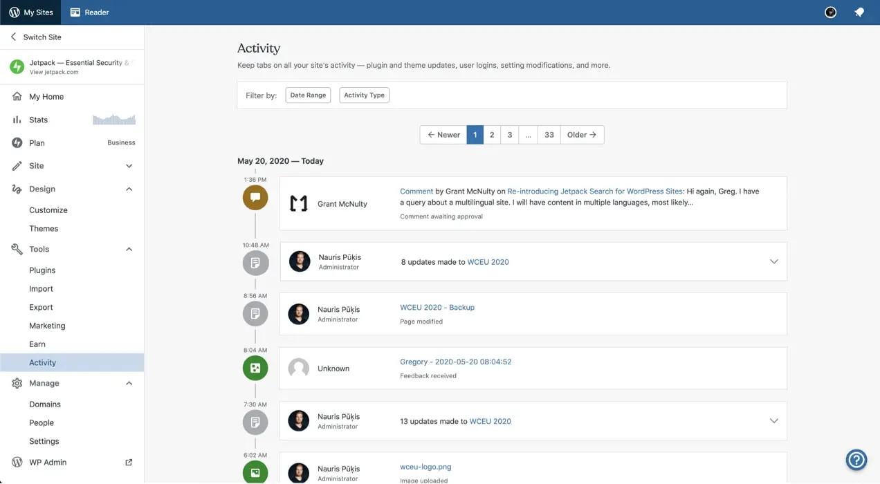 Registro de actividad de Jetpack con un historial de todos los cambios en el sitio web