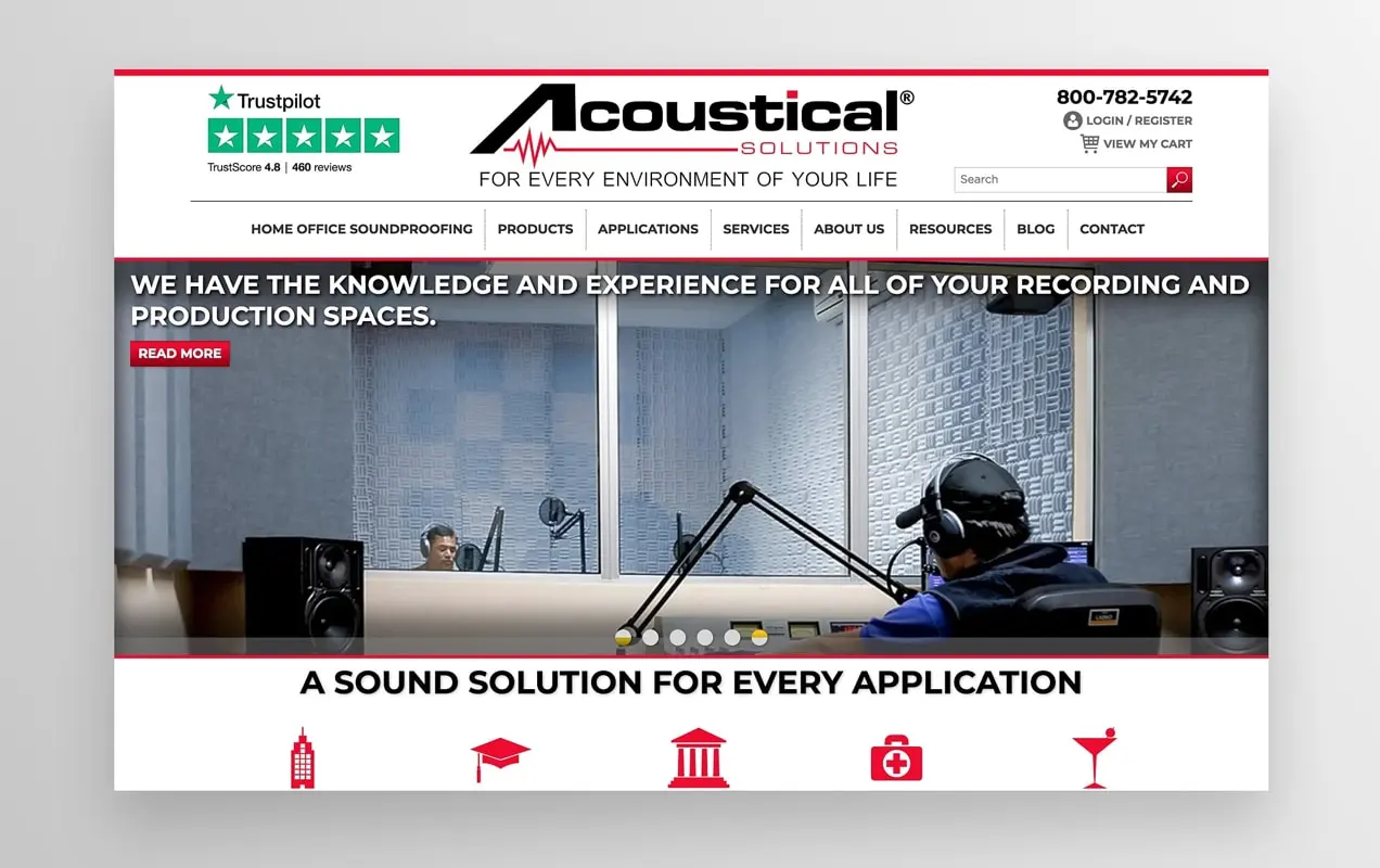 หน้าแรกของ Acoustical Solutions จัดแสดงผลิตภัณฑ์ของพวกเขา