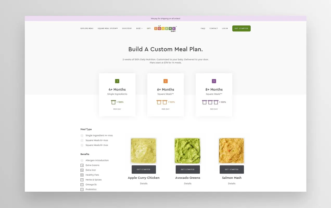 Müşterilerin yemek planı oluşturabileceği Square Baby web sitesi