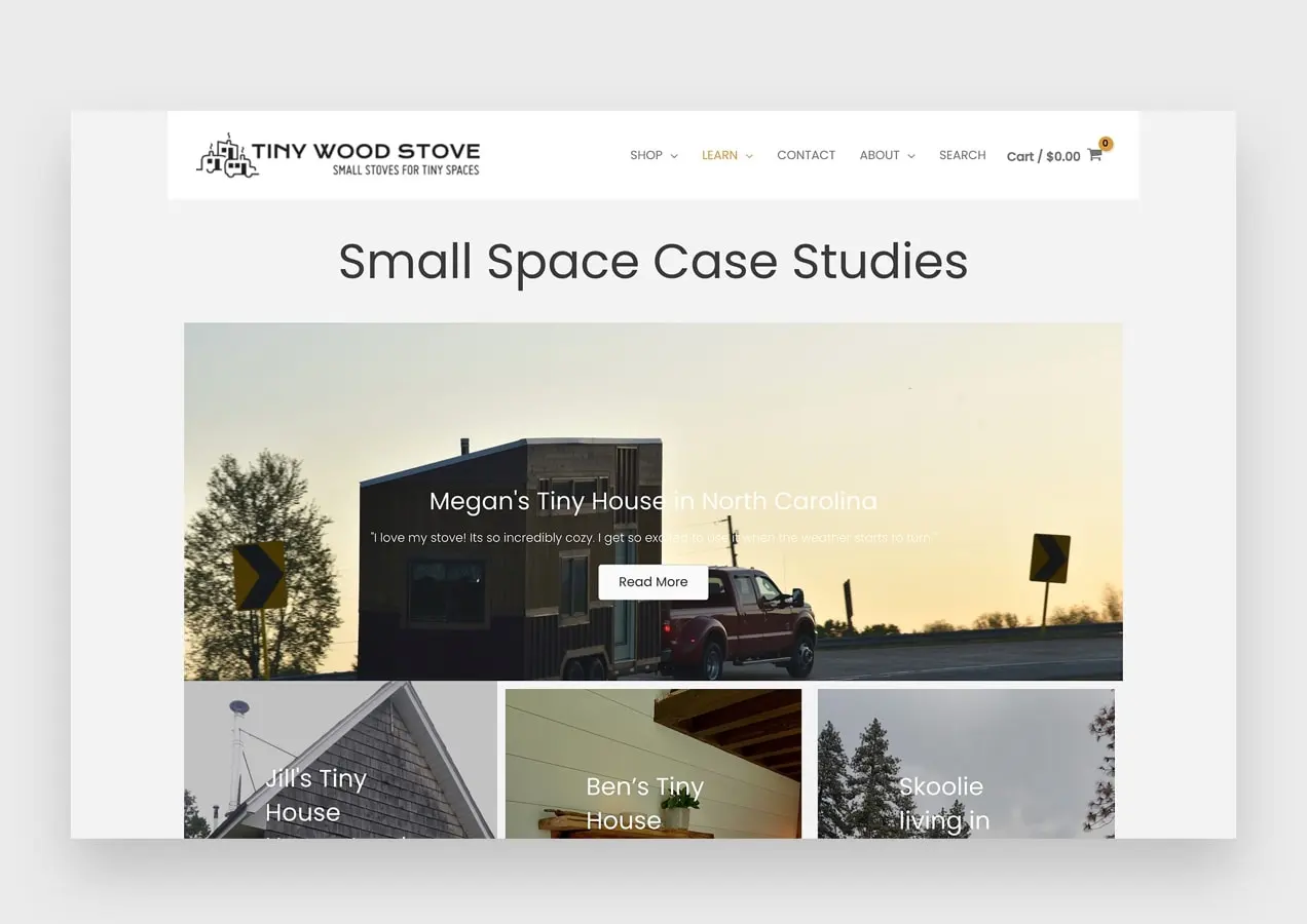 page d'études de cas sur le site Web de Tiny Wood Stove