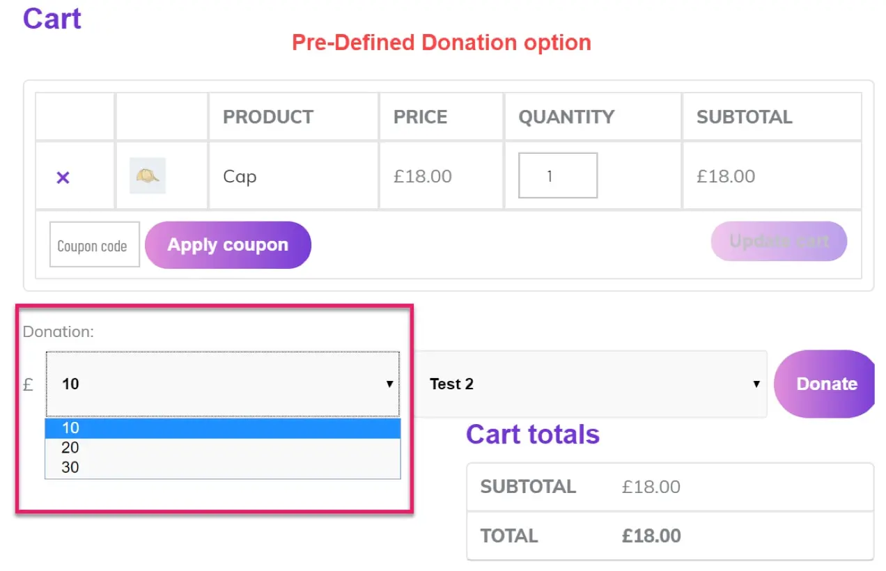 opções de doação pré-definidas no checkout