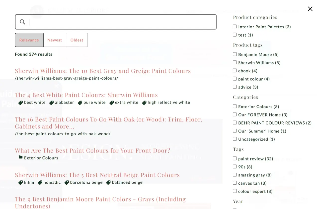 KylieMInteriorsのサイトで実行中のJetpackSearch