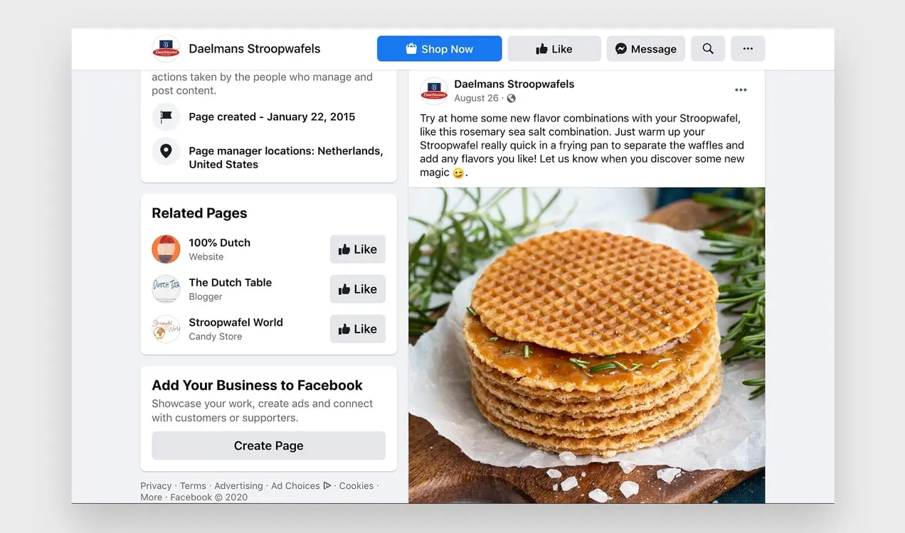 Post su Facebook di Daelmans Stroopwafels che offre ai clienti idee su come utilizzare il loro prodotto