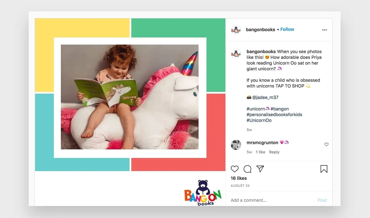 Post di Instagram di Bang On Books che mostra una bambina che legge il suo nuovo libro