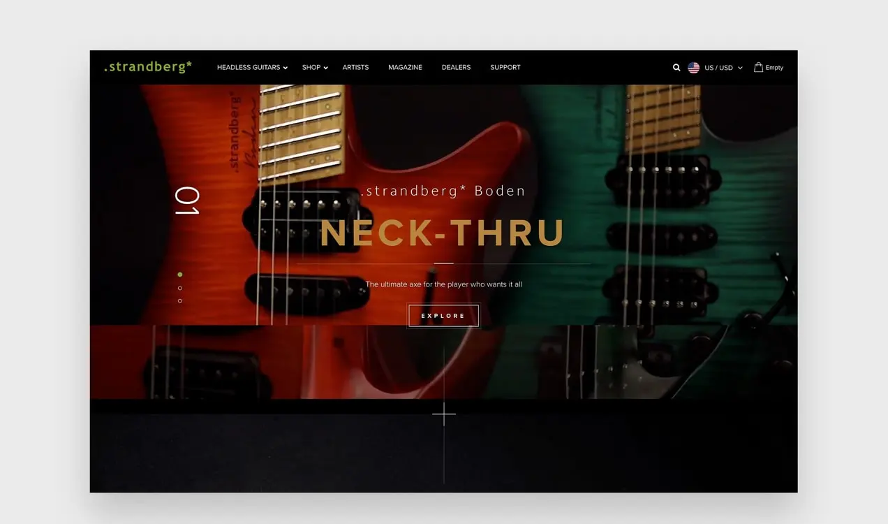 Sito Web di Strandberg Guitars con sovrapposizioni scure