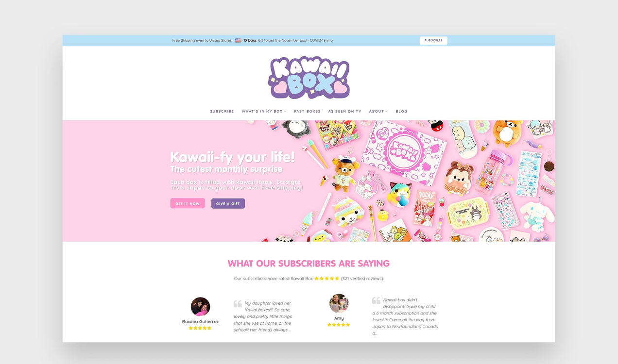Sito web Kawaii Box con un carattere frizzante e arrotondato