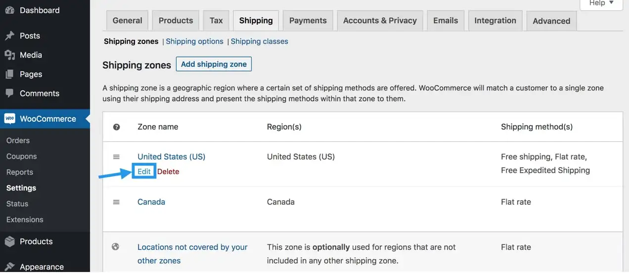Zone di spedizione degli Stati Uniti e del Canada nel backend di WooCommerce