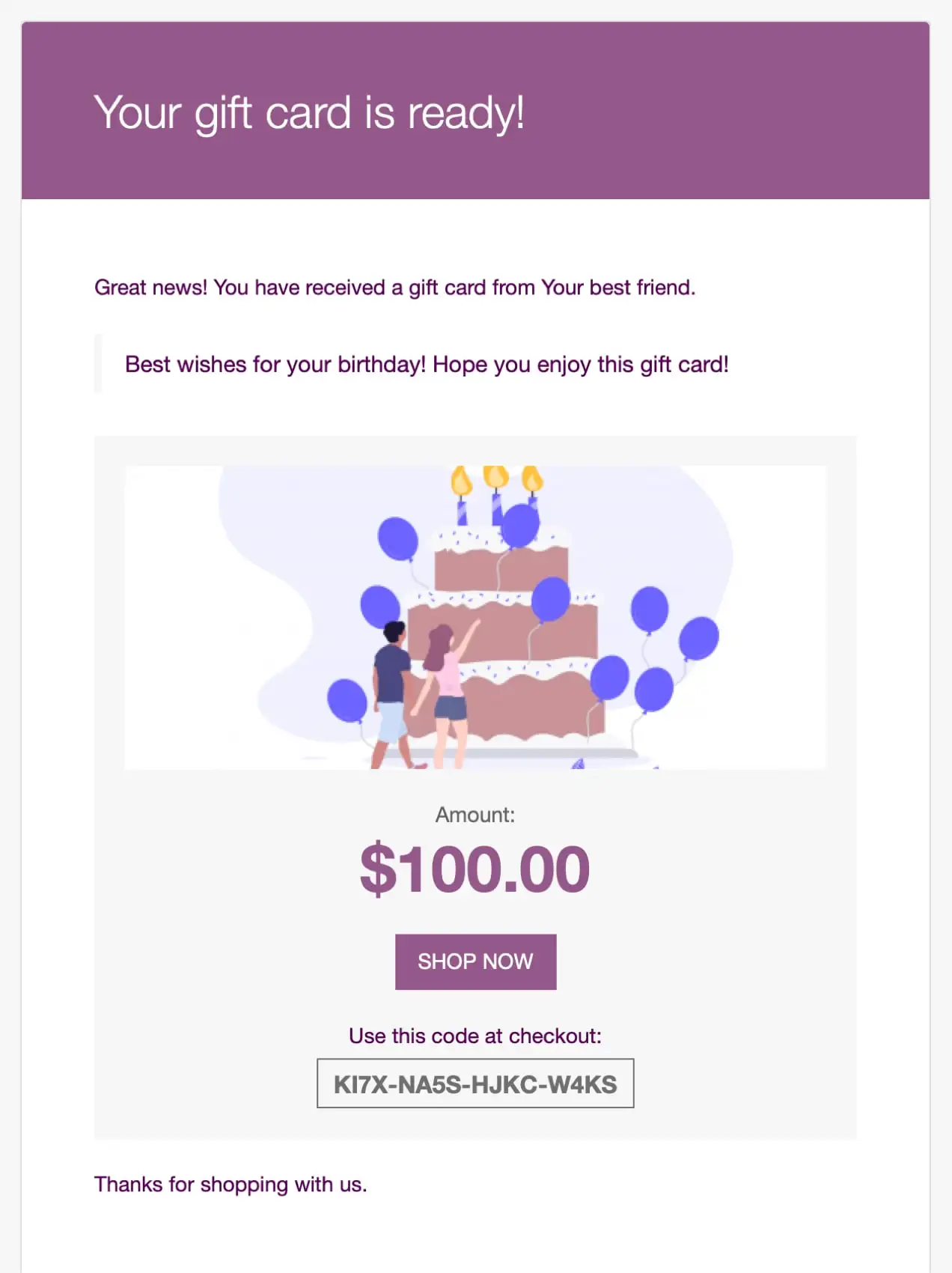e-mail de confirmation de la carte-cadeau