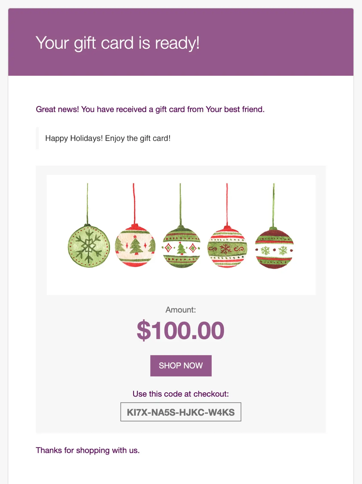 confirmação de e-mail do cartão de presente de feriado