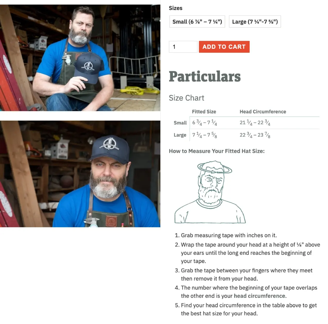 détails personnalisés comme les tableaux de taille ajoutés à une page de produit sur le site d'Offerman Woodshop