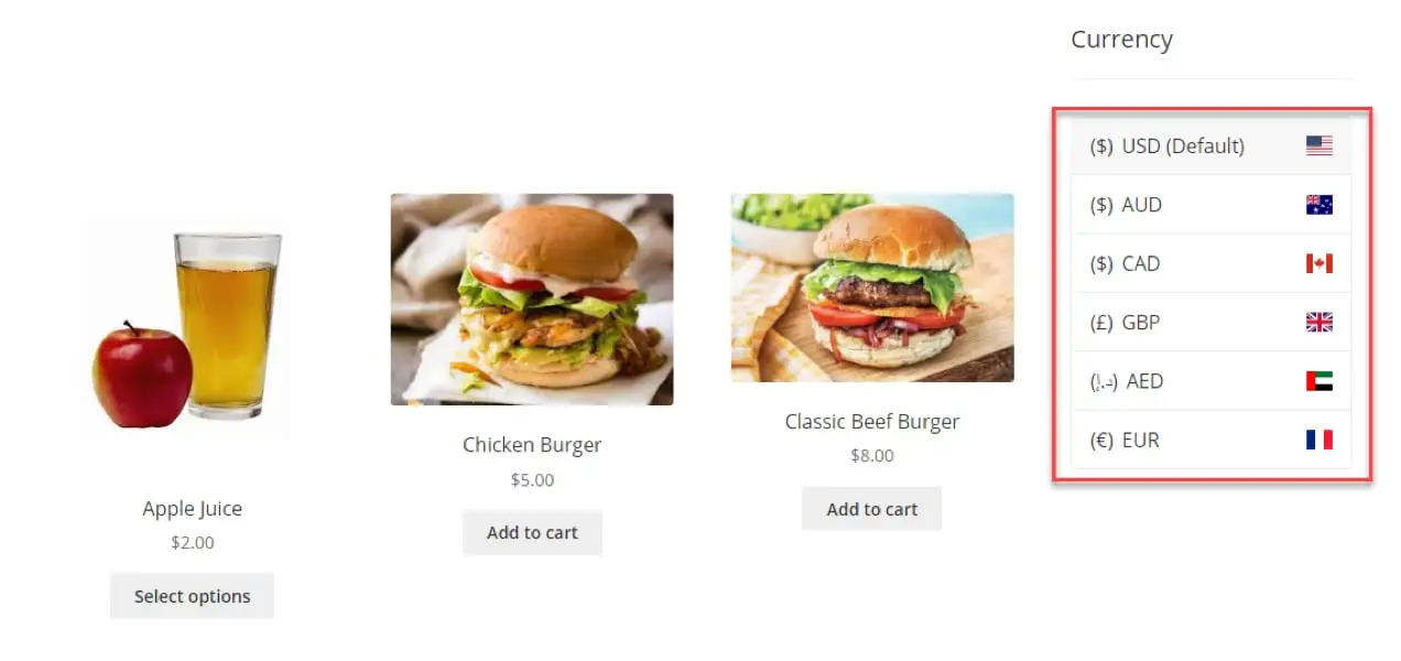widget convertisseur de devises à côté d'une liste de produits