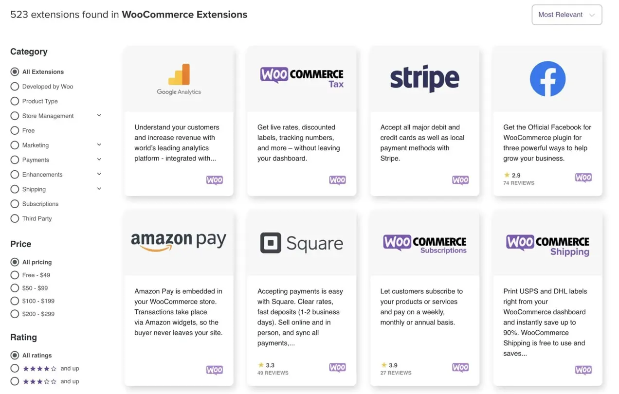 elenco di estensioni su WooCommerce Marketplace