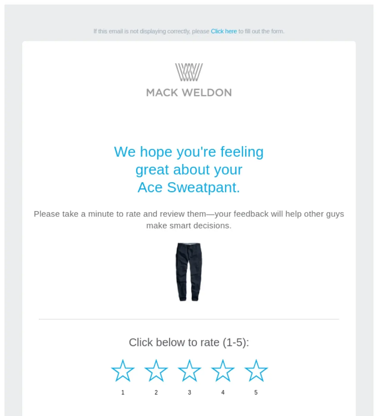 Email Mack Weldon yang meminta ulasan pelanggan tentang celana olahraga yang mereka beli