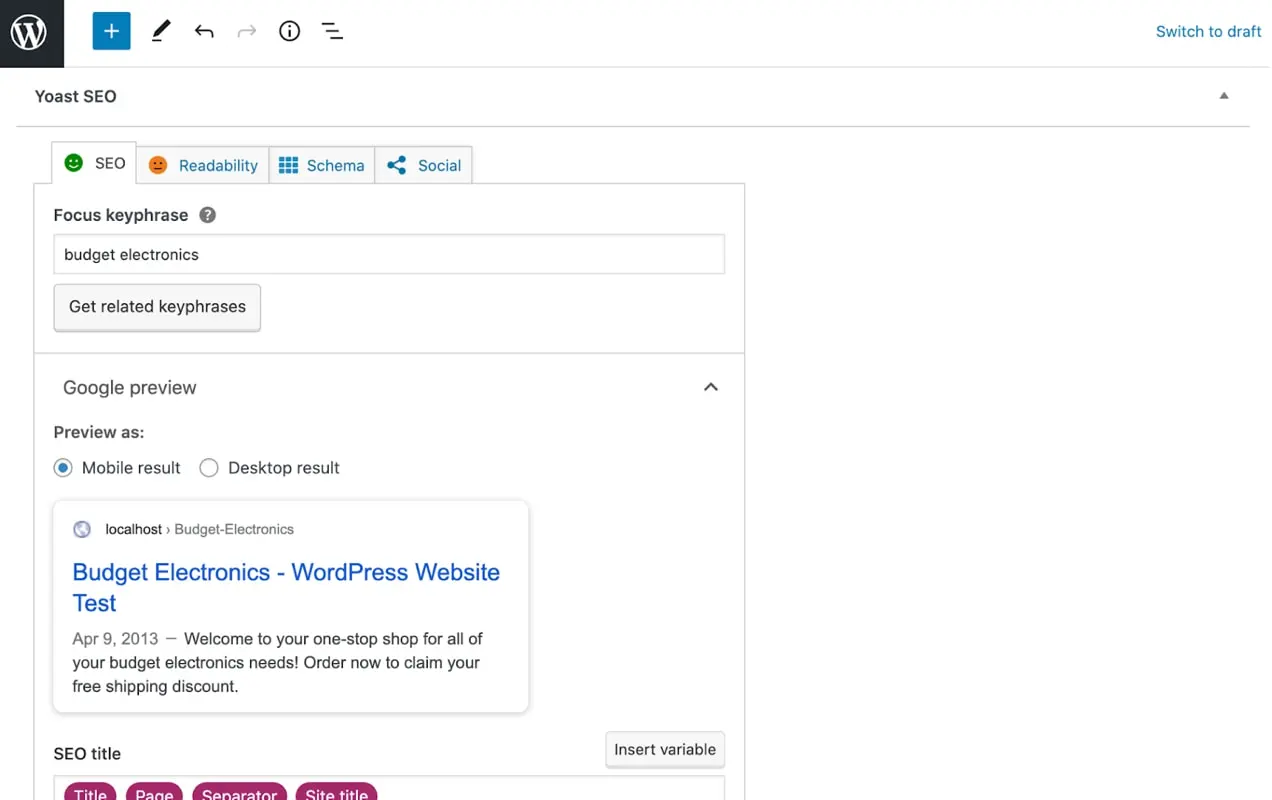 การป้อนคีย์เวิร์ดลงใน Yoast SEO