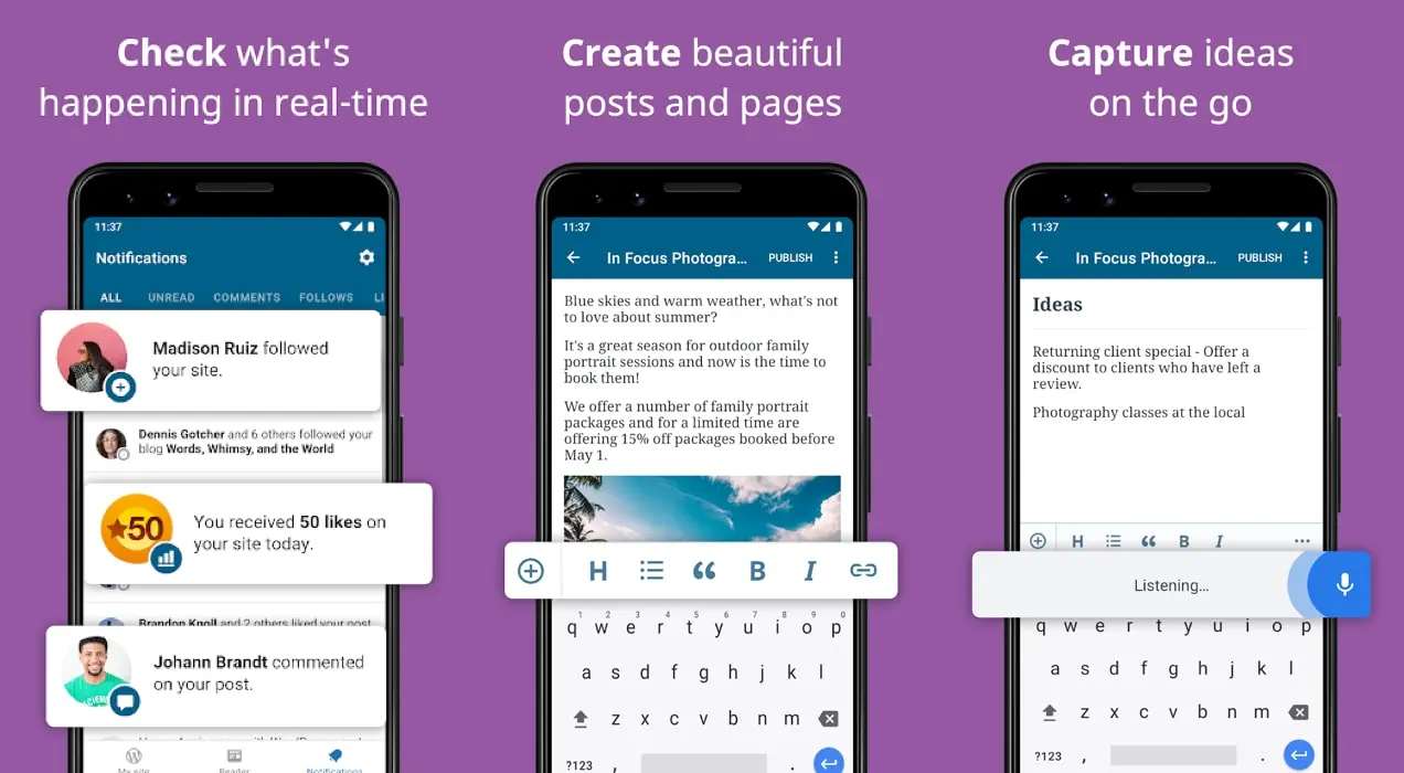 tre schermate dalle app mobili di WordPress