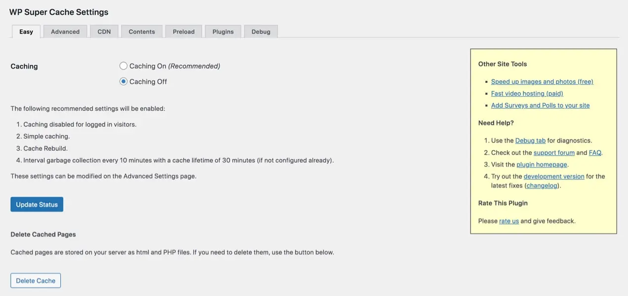 impostazioni della super cache wp