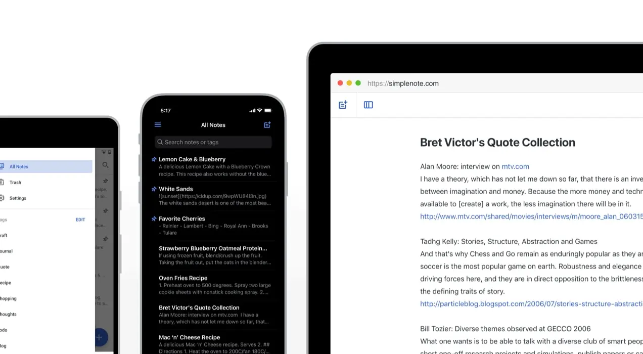 Simplenote visualizzato su tre dispositivi