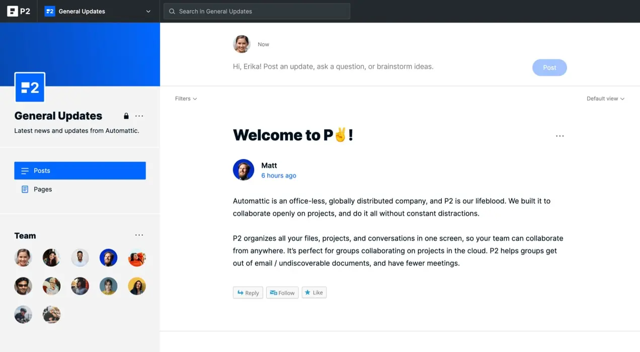 screenshot di un post in P2