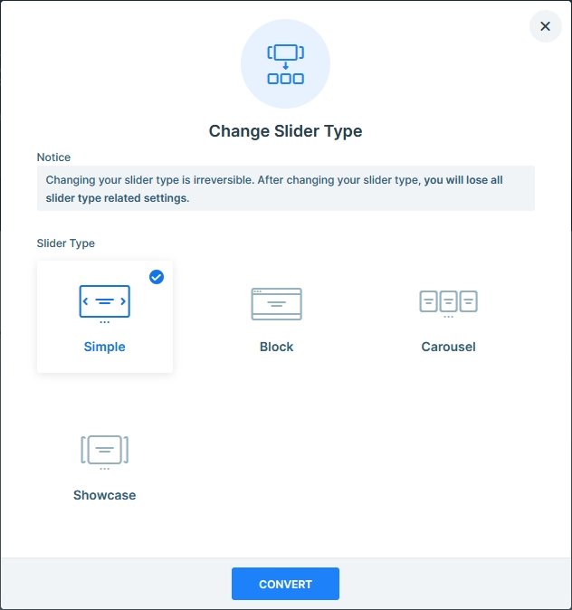 Verfügbare Slider-Typen in Smart Slider 3: Simple, Block, Carousel und Showcase
