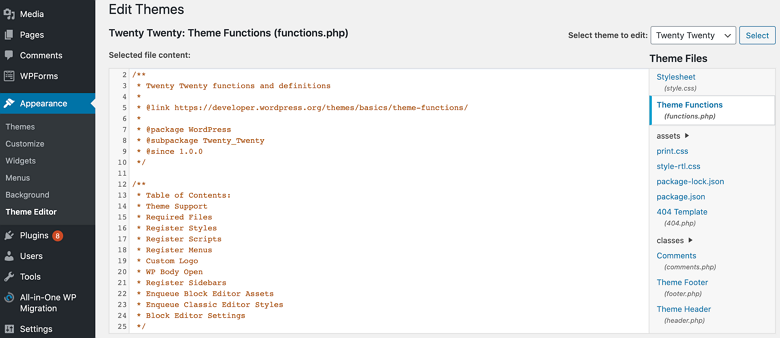 Editando o functions.php do tema