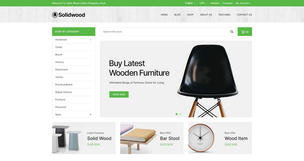 Bois massif - Thème PrestaShop pour magasin de meubles en ligne