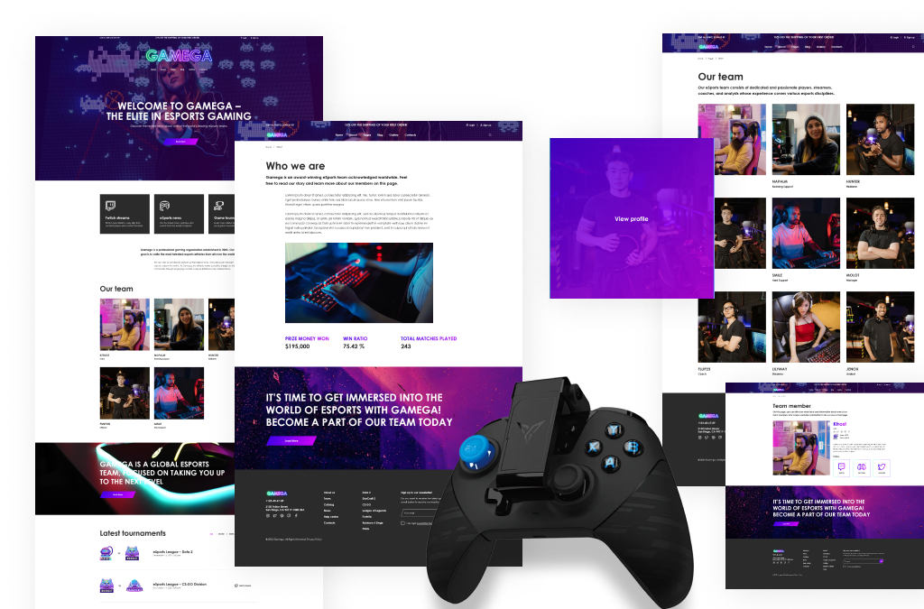 หน้าที่ออกแบบไว้ล่วงหน้าและเนื้อหาของเทมเพลต HTML Gamega eSports และ Cyber Gaming