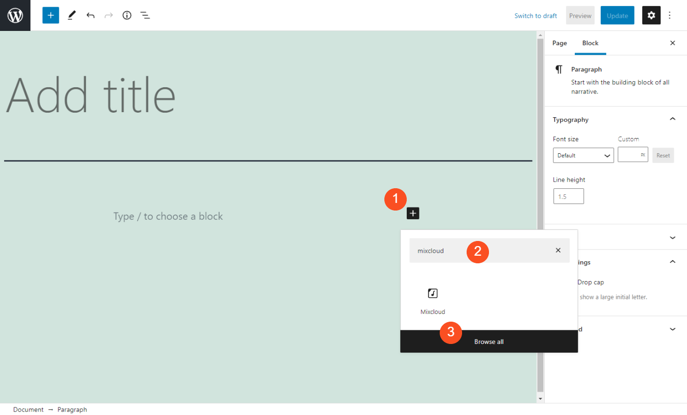 Agregando el bloque Mixcloud Embed en WordPress.