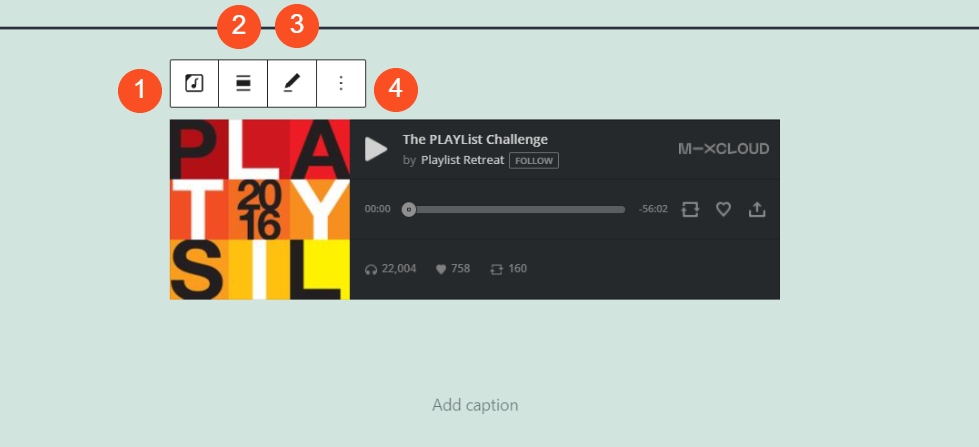 La barra de herramientas del bloque Mixcloud Embed.
