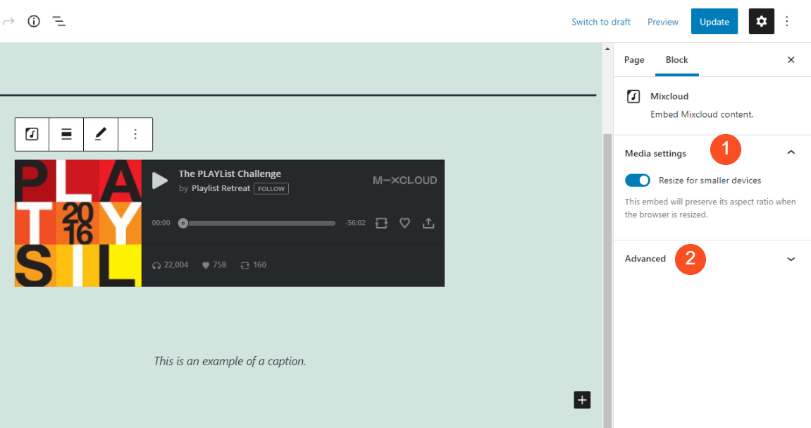 La configuración de bloque adicional para Mixcloud.