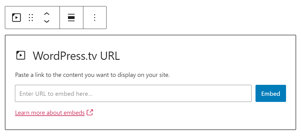 El cuadro de URL para un bloque de inserción de WordPress.tv.