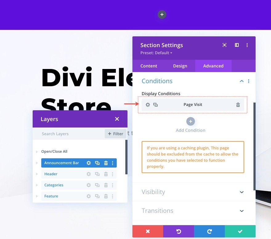 Retargeting-Zielseitenbesuch mit Ankündigungsleiste in divi