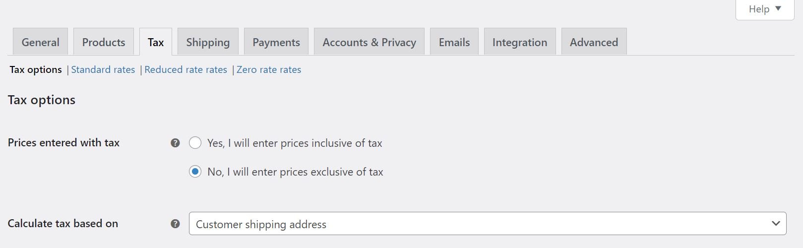 WooCommerce'deki vergi seçenekleri sayfası