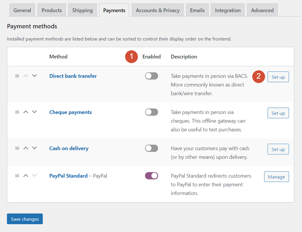 Impostazioni di pagamento WooCommerce