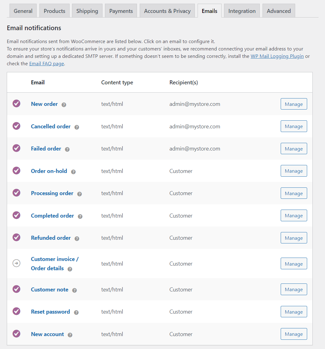 Le impostazioni delle e-mail di WooCommerce