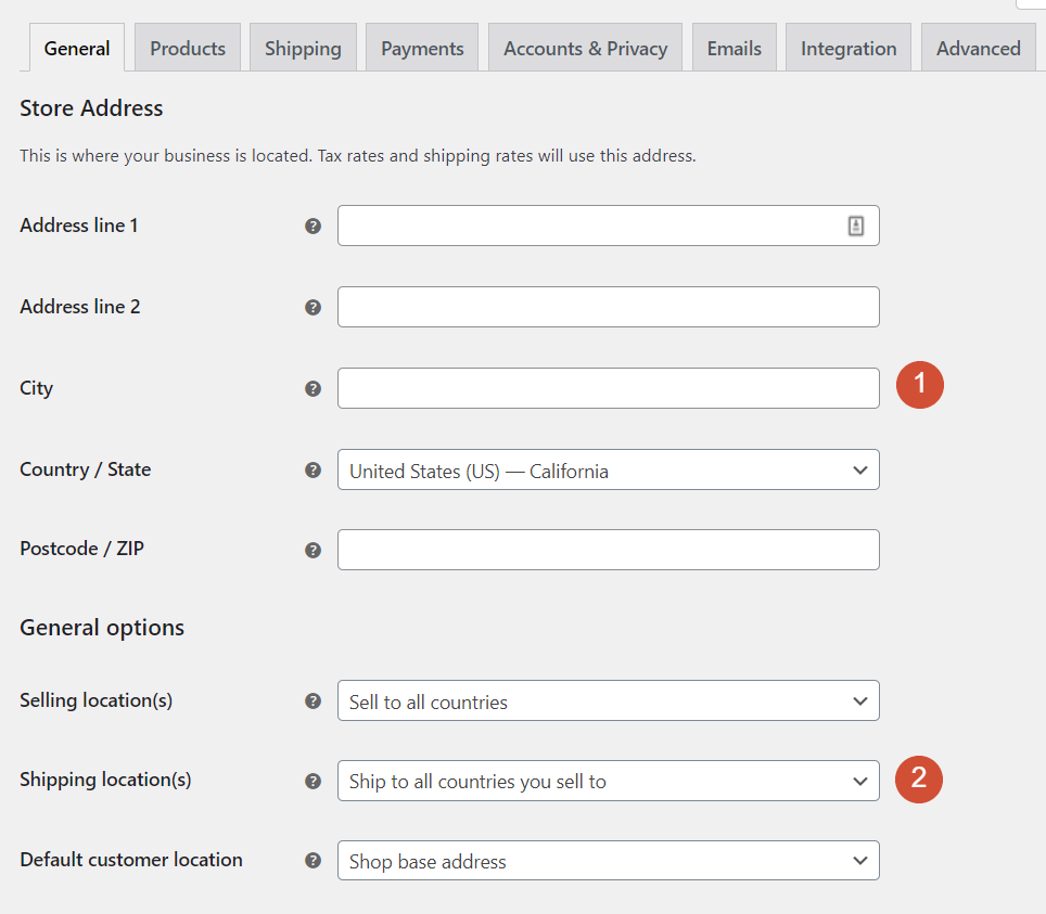 Configurazione delle impostazioni generali della posizione di WooCommerce