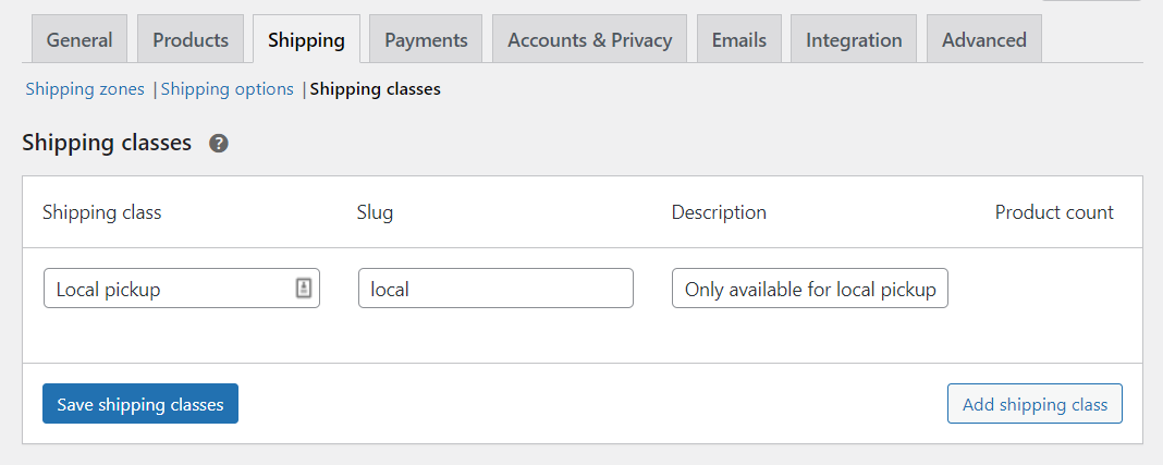 Configurazione della nuova classe di spedizione in WooCommerce