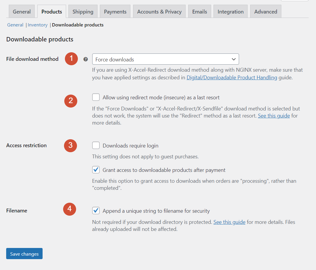 Configurazione delle impostazioni dei file scaricabili per WooCommerce