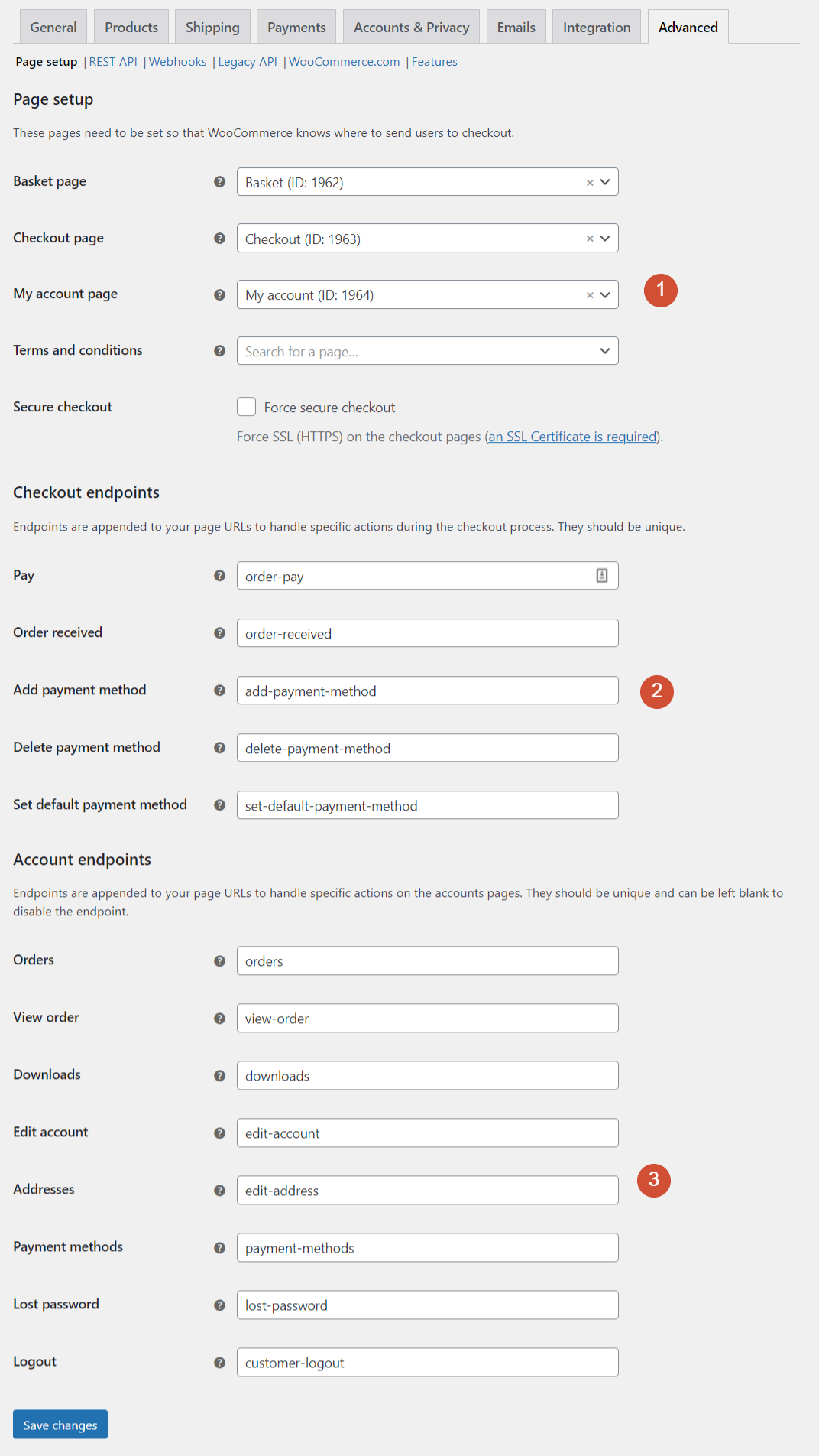 Impostazioni di configurazione della pagina WooCommerce