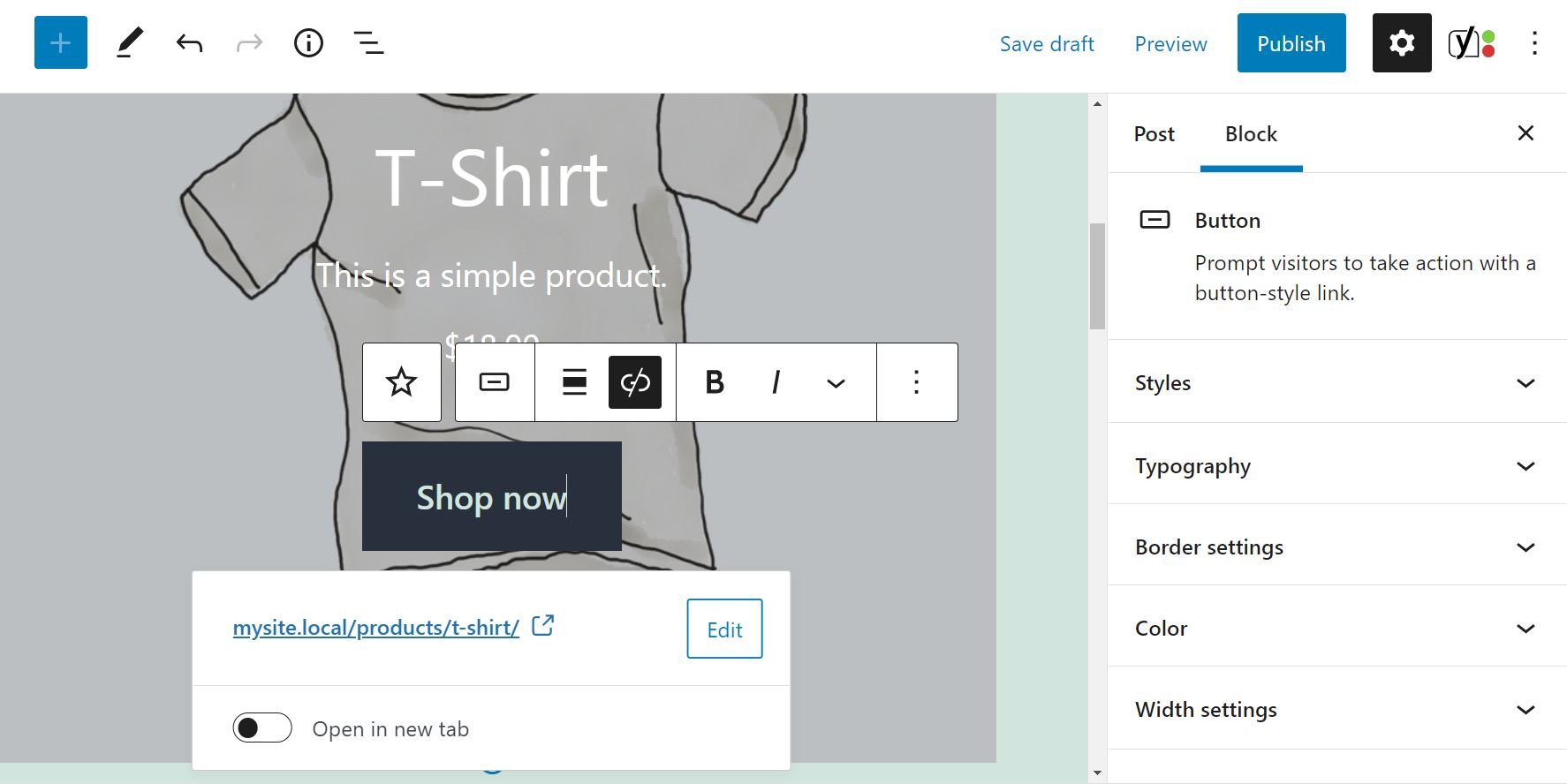 Настройки кнопки CTA в блоке Featured Product