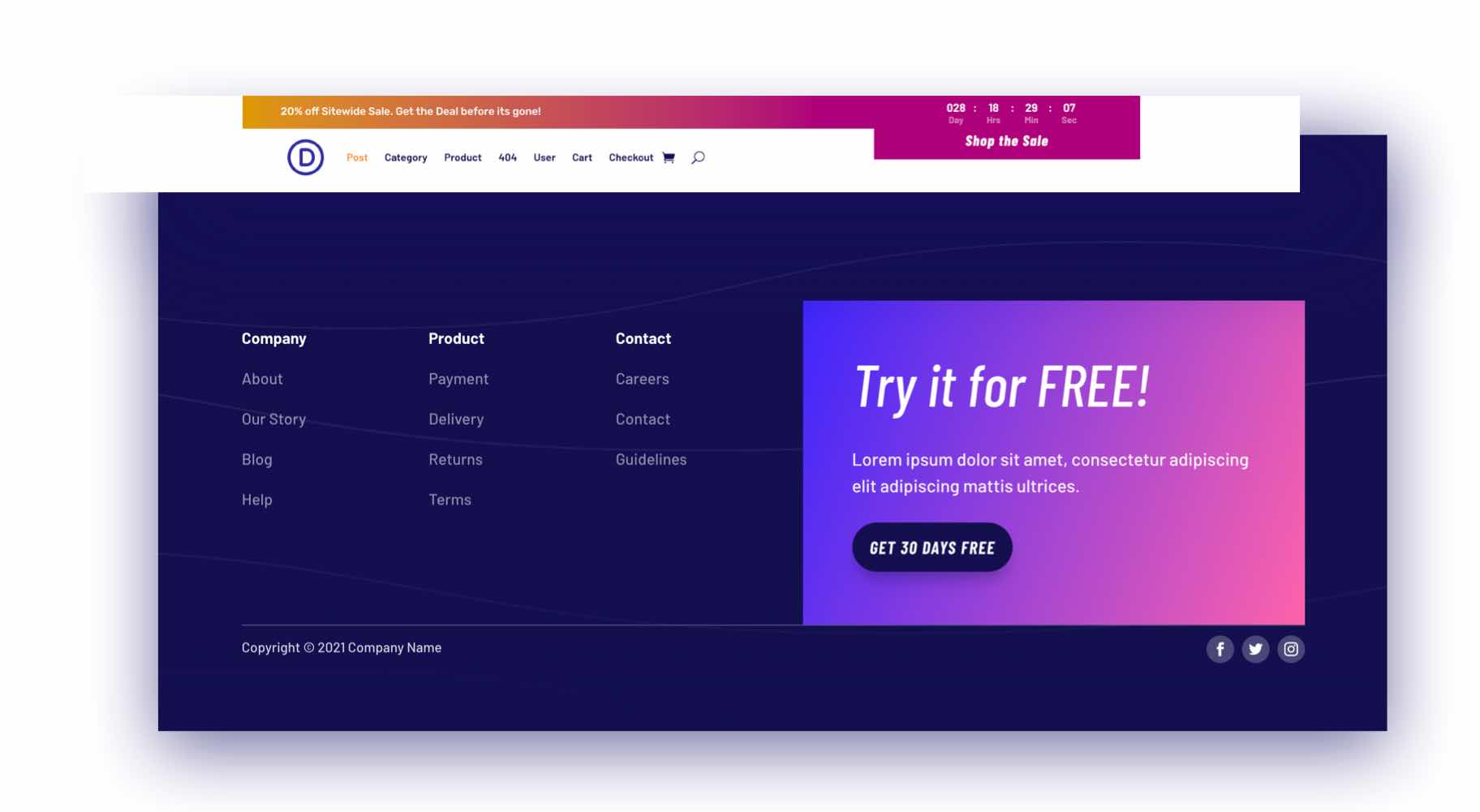 divi черная пятница заголовок нижний колонтитул пакет
