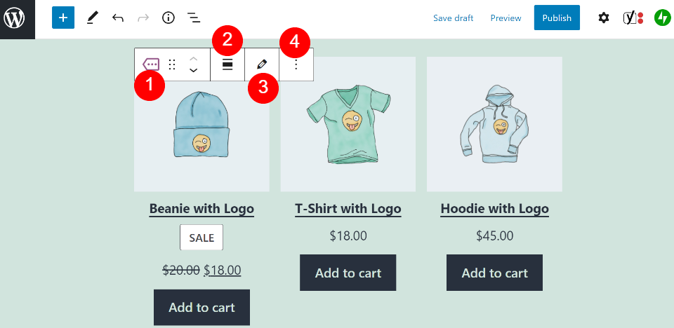 El menú de configuración para el bloque Productos por etiqueta.