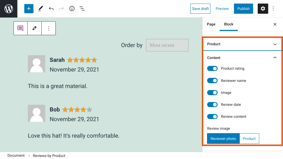 การตั้งค่าผลิตภัณฑ์และเนื้อหาของบล็อกรีวิวโดย Product WooCommerce