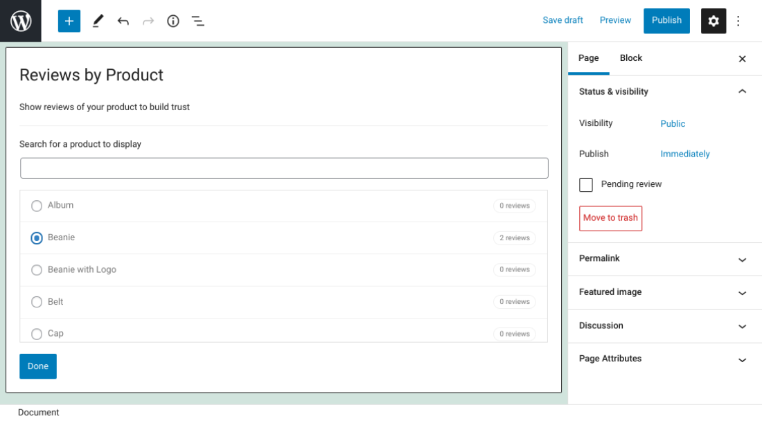 รายการสินค้าที่แสดงในบล็อกรีวิวของ WooCommerce