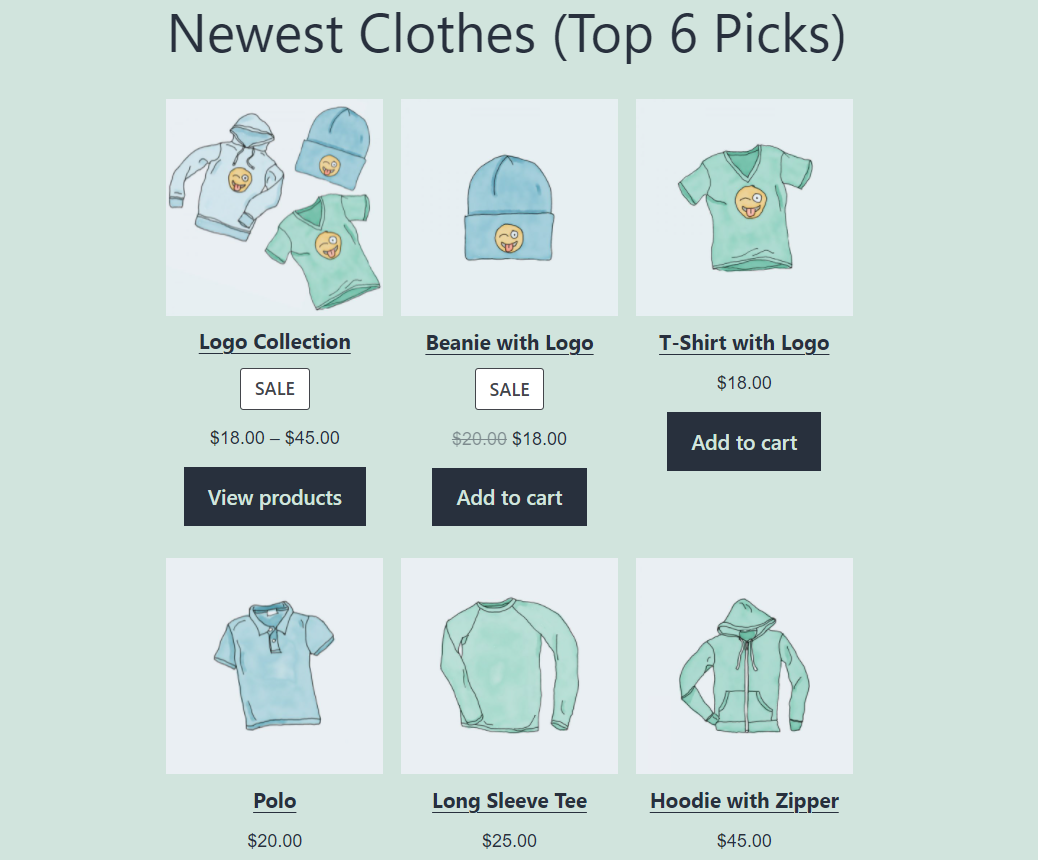 Products byCategoryWooCommerceブロックを使用して最新の6つの製品を表示します。