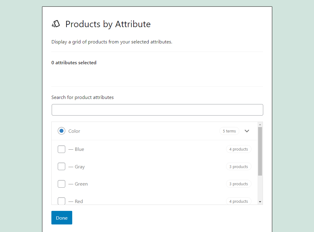 Una lista de atributos del producto.