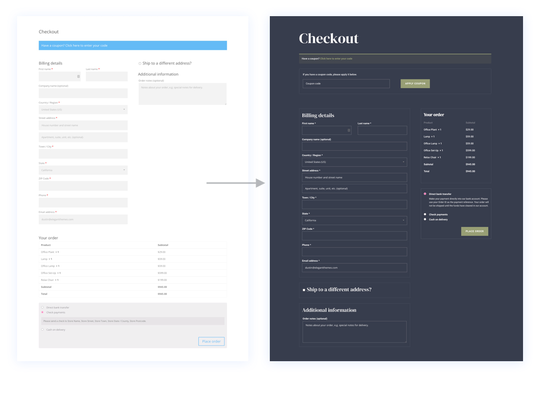 plantilla de página de pago de woocommerce para Divi