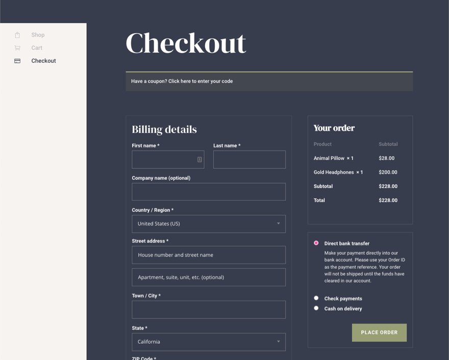 plantilla de página de pago de woocommerce para Divi