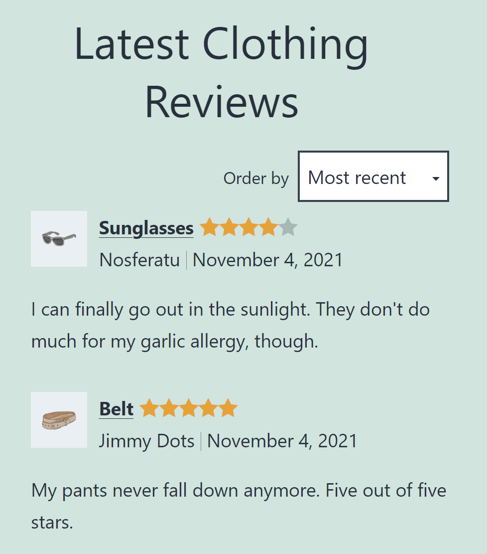 Menampilkan ulasan terbaru untuk kategori Pakaian di WooCommerce