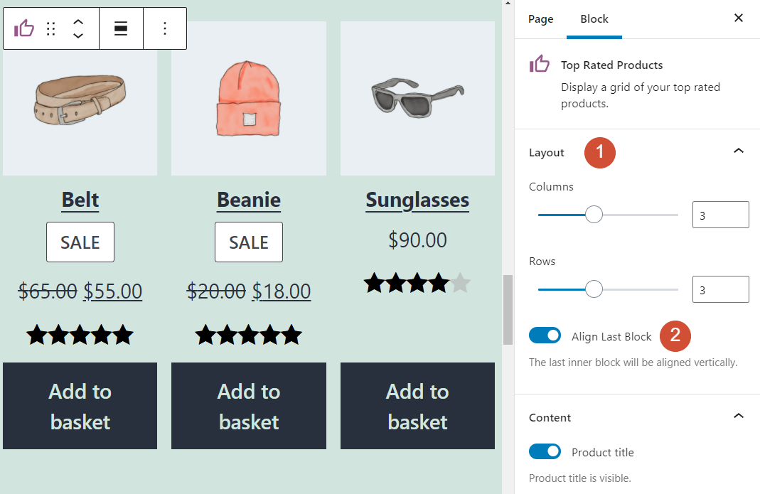Configuration de la disposition du bloc Produits les mieux notés dans WooCommerce